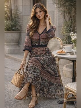 Chloe Oliver Boho Paisley Maxi Dress V-neck sales Empire Waist Flowy Sz XS